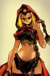  black_legwear blonde_hair blue_eyes body_writing chain crop_top hood ipgae midriff odin_sphere red_hood showgirl_skirt solo thighhighs velvet_(odin_sphere) weapon 