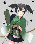  archery arrow artist_name black_hair blue_skirt bow_(weapon) gloves green_eyes grey_background hair_tie japanese_clothes kantai_collection kyuudou looking_at_viewer open_mouth partly_fingerless_gloves quiver short_hair short_twintails signature skirt solo souryuu_(kantai_collection) star touyama_eight twintails twitter_username weapon yugake 