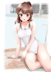  brown_eyes brown_hair competition_swimsuit long_hair mashinatsu one-piece_swimsuit original ponytail solo swimsuit white_swimsuit 