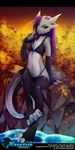  4_toes 5_fingers amber_eyes anthro bikini breasts claws clothed clothing coldfire detached_sleeves dragon female fingerless_gloves fingers gloves hair horn legwear looking_at_viewer panties purple_hair rubber scalie sitting skimpy solo swimsuit thigh_highs toes tofu93 underwear water 