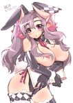  animal_ears ascot black_gloves blush book breasts bunny_ears detached_collar elbow_gloves gloves hair_censor hair_over_breasts hair_ribbon horns jpeg_artifacts large_breasts long_hair mel/a pointy_ears purple_hair ribbon simple_background solo thighhighs white_background 