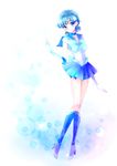  back_bow bishoujo_senshi_sailor_moon blue_choker blue_eyes blue_footwear blue_hair blue_sailor_collar blue_skirt boots bow brooch choker elbow_gloves full_body gloves highres jewelry knee_boots magical_girl mizuno_ami pleated_skirt ribbon sailor_collar sailor_mercury sailor_senshi_uniform short_hair skirt smile solo standing tiara torao_(torakmn) white_gloves 