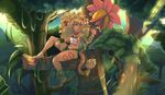  blonde_hair breasts brown_fur feline female flower forest fur hair hi_res hindpaw jungle lion long_hair looking_up mammal nails necklace nerdbayne outside paws red_eyes side_boob sitting smile solo tail_tuft thighs tree tuft 