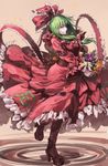  boots bow cross-laced_footwear dress flower front_ponytail green_eyes green_hair hair_bow highres kagiyama_hina long_sleeves red_dress ribbon ruukii_drift sash solo standing standing_on_one_leg touhou wide_sleeves 