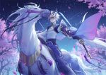  1boy animal arsh_(thestarwish) barding blue_eyes cape closed_mouth commentary_request fate/grand_order fate_(series) gao_changgong_(fate) gradient_sky holding holding_sword holding_weapon horns horse horseback_riding japanese_clothes katana leaf leaves_in_wind long_sleeves looking_at_viewer male_focus mask meteor_shower night night_sky outdoors pants reins riding saddle shirt short_hair sky smile solo star_(sky) starry_sky sword tassel tree weapon white_hair white_shirt 