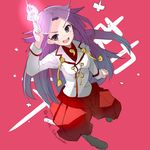  :d artist_name blouse hakama japanese_clothes jun'you_(kantai_collection) kantai_collection long_hair looking_at_viewer magatama onmyouji open_mouth pink_background purple_eyes purple_hair red_hakama shikigami signature smile solo spiked_hair touyama_eight twitter_username v-shaped_eyebrows white_blouse 