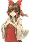  ascot bare_shoulders bow brown_eyes brown_hair detached_sleeves dress hair_bow hair_tubes hakurei_reimu hands_together looking_at_viewer red_dress simple_background smile solo touhou upper_body white_background wide_sleeves yoss_3 