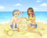  1girl axis_powers_hetalia beach bikini black_hair bracelet brown_eyes bucket dark_skin day denim denim_shorts full_body hair_ribbon hat jewelry long_hair male_swimwear outdoors ribbon sailor_hat sand_castle sand_sculpture sandals sealand_(hetalia) sealand_flag seashell seychelles_(hetalia) shell short_shorts shorts shovel swim_trunks swimsuit swimwear tamura_(yorlmlchl) twintails water 