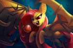  apple bat bat_pony equine fangs female feral flutterbat_(mlp) fluttershy_(mlp) flying friendship_is_magic fruit fur hair long_hair mammal my_little_pony pegasus pink_hair red_eyes tsaoshin wings yellow_fur 