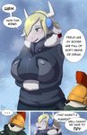 big_breasts black_nose blonde_hair blue_eyes blush bovine breasts canine cattle clothing comic dialog ear_piercing english_text female fox fur grey_skin hair helmet horn jacket littlenapoleon looking_down male mammal open_mouth outside pants piercing short_hair snow snowing standing text white_fur winter 