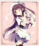  apron black_hair black_legwear brown_eyes dress hair_ornament heart heart_hands long_hair one_eye_closed original shiratama_(shiratamaco) skirt smile solo thighhighs wristband 