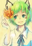  antennae flower green_eyes green_hair hair_flower hair_ornament open_mouth shirt sketch smile solo touhou upper_body wriggle_nightbug yoss_3 