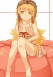  bakemonogatari bare_arms bare_legs bare_shoulders barefoot blonde_hair dress goggles goggles_on_head goggles_on_headwear hat helmet long_hair looking_at_viewer monogatari_(series) oshino_shinobu sitting slit_pupils solo very_long_hair white_dress yellow_eyes yoss_3 