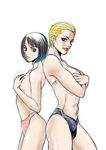  abs back-to-back black_hair blonde_hair blue_eyes blue_hair blue_panties breasts brown_eyes covering covering_breasts eyebrows eyelashes highlights large_breasts lips lipstick makeup mako_mori multicolored_hair multiple_girls navel pacific_rim panties pink_panties sabachiyo_land sasha_kaidanovsky short_hair sketch small_breasts topless underwear underwear_only 