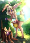  bared_breast basket blonde_hair blue_eyes blush breasts chest_tuft dress easter egg female fur hair hindpaw holidays lagomorph long_ears long_hair mammal nerdbayne nipples open_mouth orange_fue orange_fur outside paws rabbit sky solo standing thighs tree tuft 