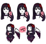  akemi_homura akuma_homura bow cellphone chibi choker comic forced_smile hair_bow hairband iphone jitome light_smile long_hair lowres mahou_shoujo_madoka_magica mahou_shoujo_madoka_magica_movie phone red_hairband roman_imperial self_shot silent_comic single_wing smartphone solo spoilers truth wings 