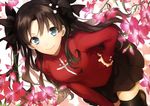  absurdres black_legwear blue_eyes brown_hair fate/stay_night fate_(series) flower hair_ribbon hand_on_hip highres long_hair nakahara_(mu_tation) ribbon scan skirt smile solo thighhighs toosaka_rin two_side_up 