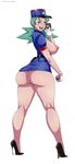  1girl ass blue_hair breasts hat high_heels huge_ass junsaa_(pokemon) large_breasts lm_(legoman) looking_back naughty_face nintendo nipples open_mouth poke_ball pokeball pokemon pokemon_(anime) self_shot solo 
