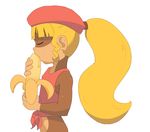  banana blonde_hair closed_eyes dixie_kong donkey_kong_(series) donkey_kong_country donkey_kong_country_2 fellatio flat_chest food fridge_(artist) fruit long_hair oral ponytail saliva sexually_suggestive shirt solo sweat tank_top tied_shirt white_background 