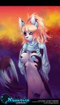  5_fingers anthro beads blue_eyes breasts clothing female fingerless_(marking) fingers fur hair lifting_shirt looking_at_viewer mammal nipples nude pussy ringed_tail shirt shirt_lift solo standing tofu93 