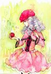  apple bad_id bad_pixiv_id blue_eyes blue_hair capelet dress drill_hair food fork fruit happinesscharge_precure! hat hosshiwa hungry_eek pink_dress pink_hat pom_pom_(clothes) precure solo traditional_media 