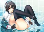  black_gloves black_hair black_legwear blush breasts gloves hat hiyoshi_hana kantai_collection large_breasts looking_at_viewer mouth_hold open_clothes panties panties_around_one_leg red_eyes short_hair solo striped striped_panties takao_(kantai_collection) thighhighs underwear 