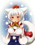  animal_ears blush breasts denak detached_sleeves hand_on_own_chest hat inubashiri_momiji large_breasts looking_at_viewer orange_eyes pom_pom_(clothes) red_scarf scarf short_hair silver_hair snow solo tail tokin_hat touhou wolf_ears wolf_tail 