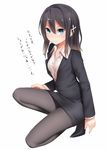 black_hair black_legwear blue_eyes blush formal hair_ornament jacket long_hair looking_at_viewer office_lady one_knee original pantyhose pencil_skirt ray-akila ray_littlechamber simple_background skirt skirt_suit smile solo suit translation_request white_background 