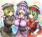  black_dress blonde_hair breasts closed_eyes colored_eyelashes dress green_eyes green_hair hand_on_shoulder hat large_breasts long_sleeves lunasa_prismriver lyrica_prismriver merlin_prismriver multiple_girls open_mouth purple_dress red_dress shirt siblings silver_hair sisters smile touhou umigarasu_(kitsune1963) yellow_eyes 