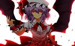  backlighting bat_wings bow brooch dress hat hat_ribbon highres jewelry looking_at_viewer mob_cap nekominase puffy_sleeves purple_hair red_eyes remilia_scarlet ribbon short_sleeves smile solo touhou white_dress wings wrist_cuffs 