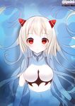  airfield_hime artist_name breasts dated horns kantai_collection long_hair medium_breasts pale_skin partially_submerged red_eyes shinkaisei-kan silver_hair solo water white_hair yadapot 