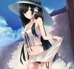  absurdres bad_id bad_pixiv_id black_hair blush bow bracelet cloud dated day flower green_eyes hair_flower hair_ornament hat highres jewelry long_hair necklace original outdoors shui_dao_ziran_xing sky solo 