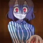  bandage bandaged_arm bandaged_head bandages black_hair blue_skin breasts computer_mouse eye_reflection eyebrows_visible_through_hair indoors konno_junko medium_hair mizuno_ai open_mouth red_eyes reflection solo striped t_jiroo_(ringofriend) zombie zombie_land_saga 