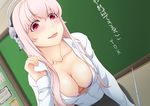  blush bra breasts chalkboard classroom cleavage downblouse headphones inamochi_keiichirou large_breasts long_hair looking_at_viewer nitroplus open_mouth pink_eyes pink_hair pointer school shirt solo super_sonico underwear 