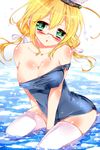  bad_id bad_pixiv_id bare_shoulders bariko blonde_hair book breasts glasses hat highres i-8_(kantai_collection) kantai_collection large_breasts long_hair looking_at_viewer nipples one-piece_swimsuit open_mouth school_swimsuit solo strap_slip swimsuit thighhighs twintails white_legwear 