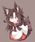  animal_ears blush_stickers brown_background brown_hair chibi daidai_ookami dress fang imaizumi_kagerou jewelry long_hair long_sleeves open_mouth orange_eyes simple_background solo tail touhou wolf_ears wolf_tail 