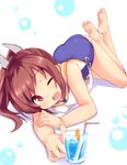  ;d bare_shoulders barefoot blush brown_eyes brown_hair cup drinking_glass drinking_straw glass i-401_(kantai_collection) kantai_collection looking_at_viewer lying mokoke on_stomach one-piece_swimsuit one_eye_closed open_mouth ponytail school_swimsuit short_hair short_ponytail smile solo swimsuit tan water 