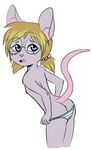  blonde_hair blue_eyes eyewear female flat_chested freckles glasses hair mammal mouse nanodirty panties plain_background presenting raised_tail rizzy rodent standing topless underwear undressing 
