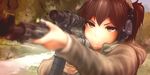  aiming alternate_costume ar-15 assault_rifle blurry brown_eyes brown_hair character_name depth_of_field ear_protection genso gun kaga_(kantai_collection) kantai_collection ponytail rifle scope short_ponytail solo weapon 