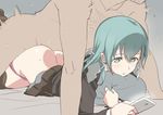  1girl all_fours blush bored boy_on_top cellphone clothed_female_nude_male faceless green_eyes green_hair hetero kantai_collection long_hair lying multitasking ningen_(ningen96) nude on_stomach petite phone pillow prone_bone sex solo_focus suzuya_(kantai_collection) unamused underwear vaginal 