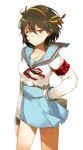  armband brown_hair collarbone frown hair_ribbon hand_on_hip highres kita_high_school_uniform one_eye_closed red_ribbon ribbon safety_pin sailor_collar_lift school_uniform serafuku short_hair simple_background solo suzumiya_haruhi suzumiya_haruhi_no_yuuutsu white_background wind yellow_eyes yellow_ribbon yuukyuu_ponzu 