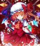  aru16 ascot blonde_hair bow flandre_scarlet hat hat_bow highres laevatein nail_polish red_eyes red_nails solo touhou wings wrist_cuffs 