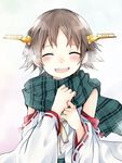  ^_^ bad_id bad_pixiv_id blush brown_hair closed_eyes detached_sleeves hagino_makoto hair_ornament hairband hands hiei_(kantai_collection) japanese_clothes kantai_collection nontraditional_miko open_mouth ribbon-trimmed_sleeves ribbon_trim scarf short_hair smile solo 