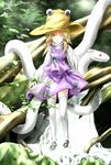  blonde_hair hair_ribbon hand_on_another's_head hat highres long_sleeves looking_at_viewer mary_janes mishaguji moriya_suwako one_eye_closed ribbon rubihi_susutake shoes short_hair sidelocks skirt skirt_set smile snake standing standing_on_liquid thighhighs touhou tree_branch water white_legwear wide_sleeves yellow_eyes zettai_ryouiki 