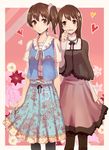  akagi_(kantai_collection) alternate_costume bad_id bad_pixiv_id blush brown_eyes brown_hair casual floral_print flower hair_flower hair_ornament hair_scrunchie heart kaga_(kantai_collection) kantai_collection lace lace-trimmed_skirt lace_trim long_hair michimaru_(michi) mori_girl multiple_girls pantyhose polka_dot polka_dot_scrunchie print_skirt scrunchie short_hair side_ponytail skirt smile thighhighs 