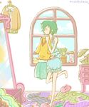  bare_arms bare_legs clothes_on_floor clothes_on_wall cloud coppelion day flat_color fukasaku_aoi green_hair indoors looking_at_mirror mirror pale_color plant potted_plant room slippers solo stuffed_animal stuffed_bunny stuffed_toy underwear wakanu window 