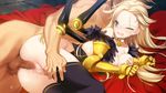  1girl anal areolae ass bare_shoulders bed black_legwear blonde_hair blue_eyes blush breast_grab breasts censored character_request eiyu_senki_gold eiyuu_senki eiyuu_senki_gold game_cg gilgamesh_(eiyuu_senki) grabbing highres legs long_hair looking_back lying medium_breasts nipples no_panties on_side ooyari_ashito pussy sex sweat tenco thighs wince 
