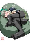  ass bangs bean_bag_chair black_legwear blush bow closed_eyes drooling feet green_hair hair_bow kantai_collection lying muji_body_fitting_sofa on_side open_mouth panties panties_under_pantyhose pantyhose ponytail skirt sleeping smile soles solo striped striped_panties thighband_pantyhose toes translation_request underwear yano_toshinori yuubari_(kantai_collection) 