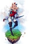 ahoge armor armored_dress blonde_hair boots bow bravely_default:_flying_fairy bravely_default_(series) breasts brown_eyes contrapposto edea_lee faulds full_body gloves hair_bow highres irahi knee_boots knee_pads lips long_hair nose pantyhose sheath sheathed small_breasts smile solo standing sword watermark weapon web_address white_legwear 