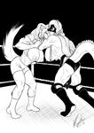  abs angry areola biceps big_breasts big_muscles boots breasts butt canine clothed clothing competition digital dragon duo female fighting_ring fur hair horn huge_breasts knee_pads legwear lesbian lonewolf_(343) long_hair long_tail lucia_traveyne luka_cross mammal monochrome muscles muscular_female nipples reptile scales scalie snarling standing struggling tights topless wolf wrestling 